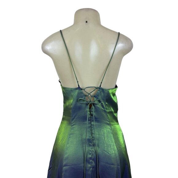Nadine Green & Blue Iridescent Halter Maxi Dress Satin Back Tie Adjustable Sz 9 - Picture 5 of 11